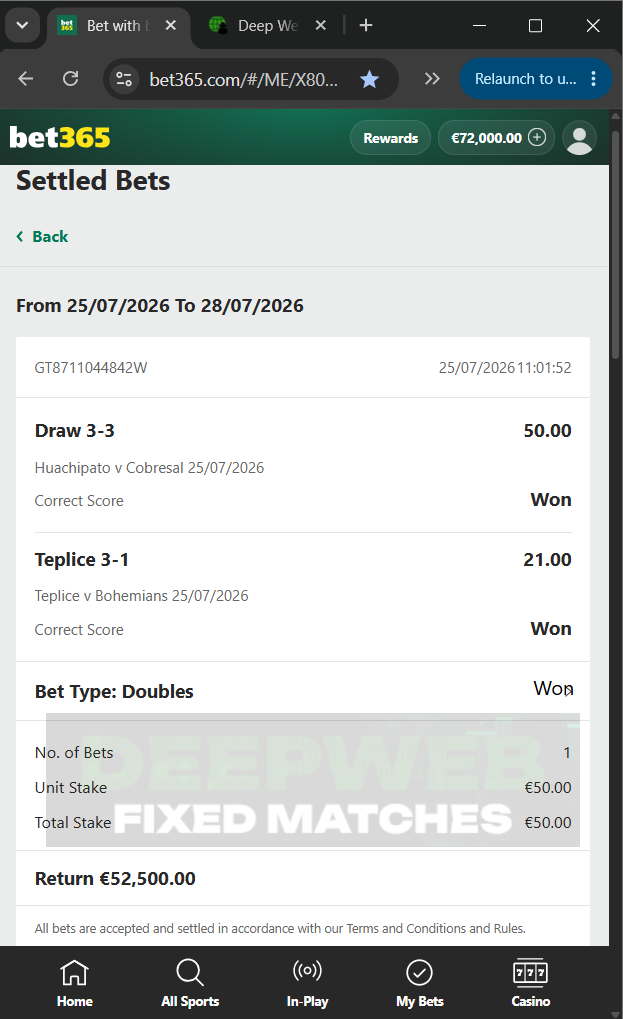 fixed matches correct score 25.07.2026